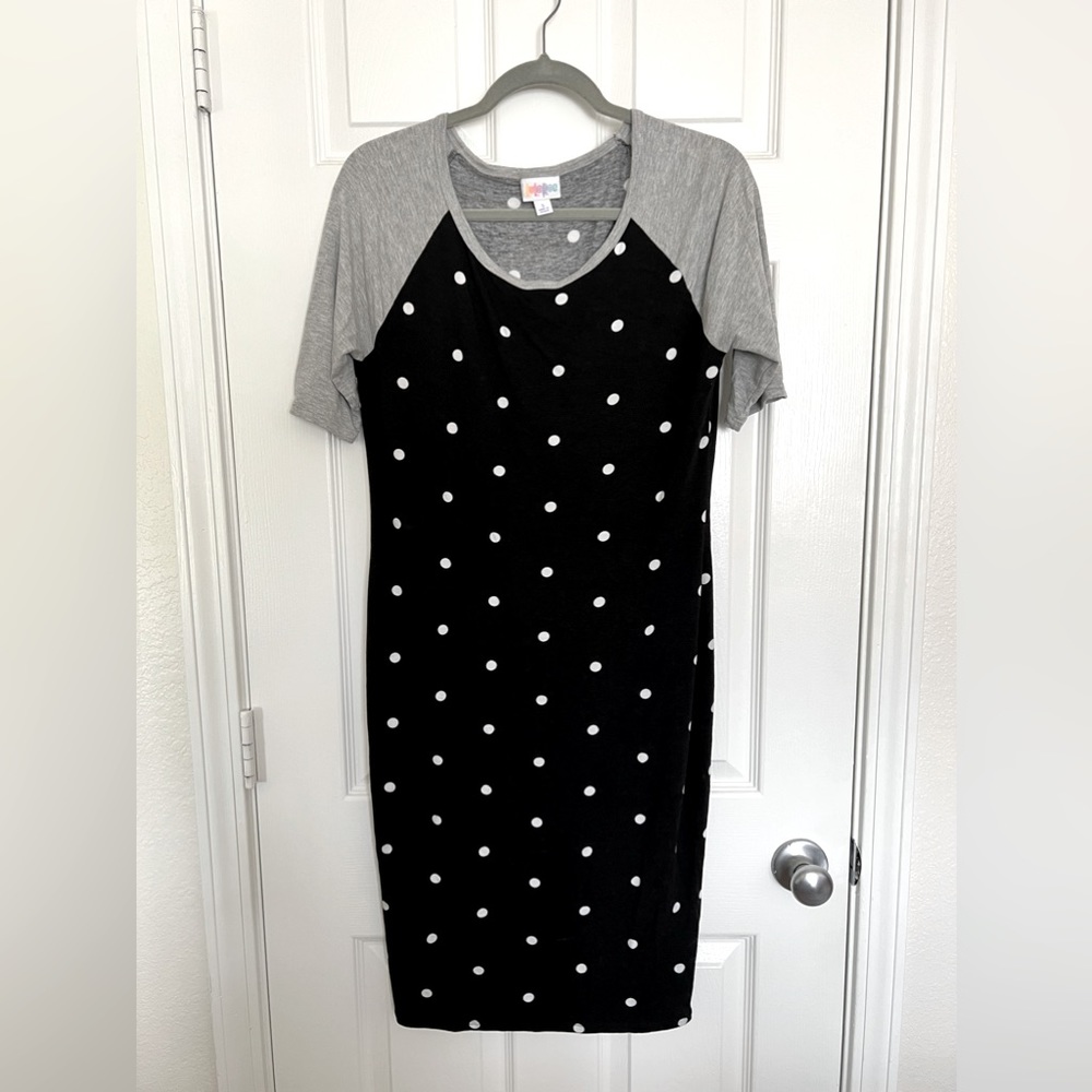 LulaRoe Black & White Polka Dot Dress (grey sleeves)